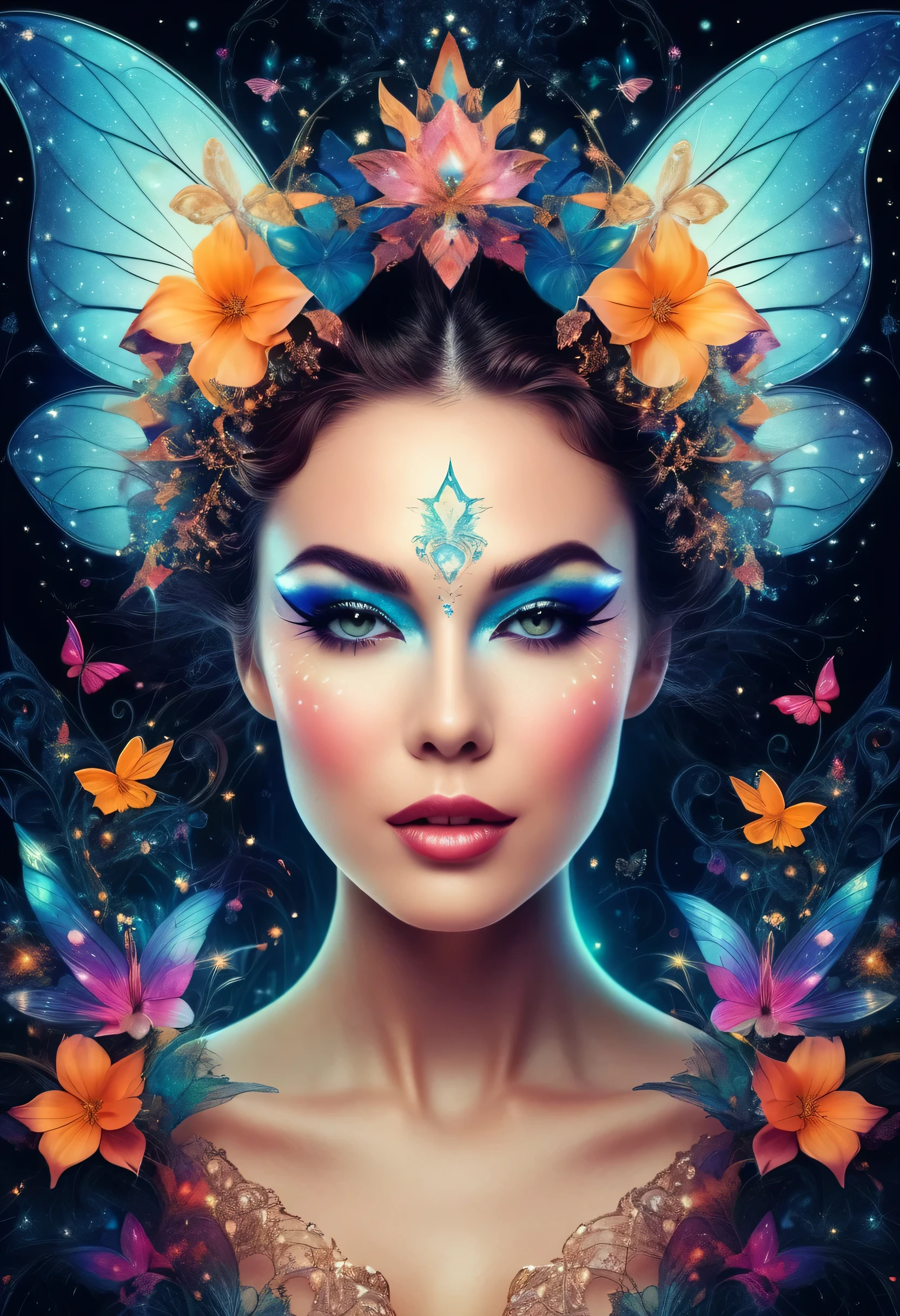 A mesmerizing portrait of a woman with dramatic makeup and a playful wink, surrounded by whimsical fairy tale elements and fractal designs.