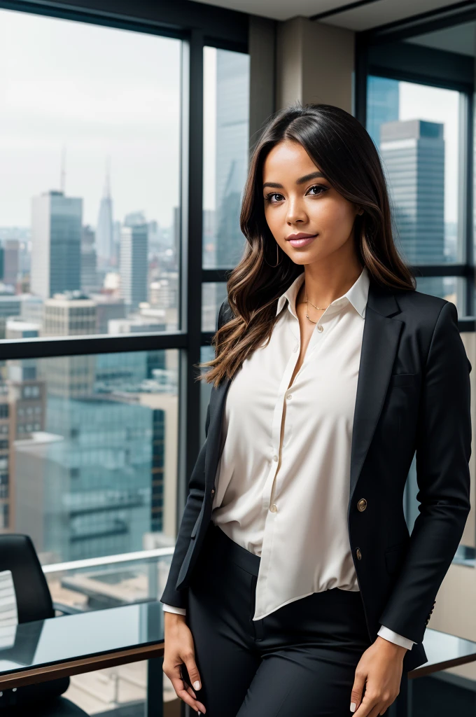 A portrait shot of a confident woman in a business suit, standing in a modern office, surrounded by sleek furniture and large windows with a cityscape view, the atmosphere is professional and empowering, in the late afternoon with soft natural light filtering through, shot with a Nikon Z7 II, 50mm f/1.4 lens, vibrant colors