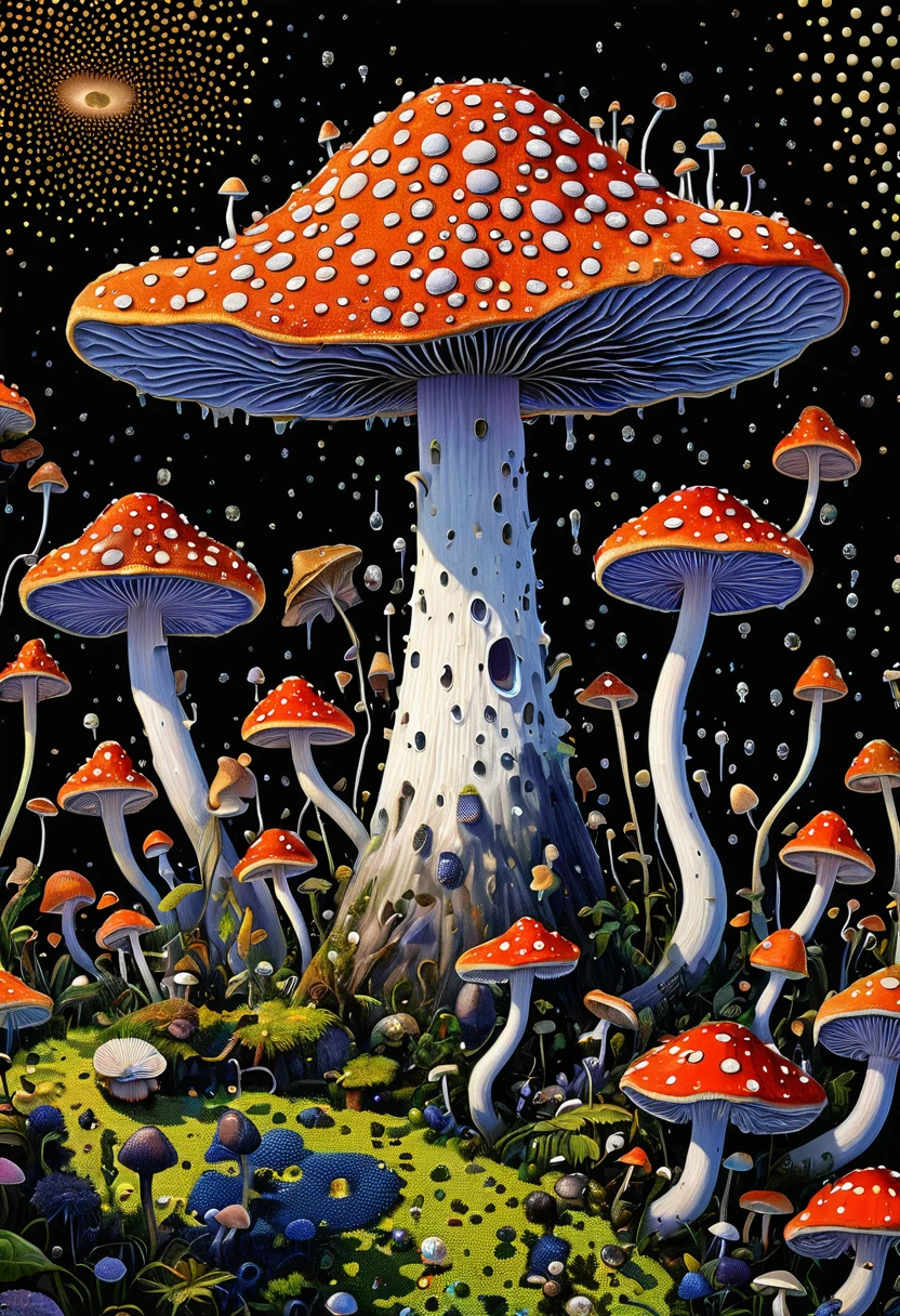 James R. European Aviation Agency ， Georges Seurat Style， masterpiece, ,Poisonous mushrooms，Spore powder，Eye，Psychedelic Art，Pointillism method，Trypophobia，unrealistic，Strong visual impact，black background