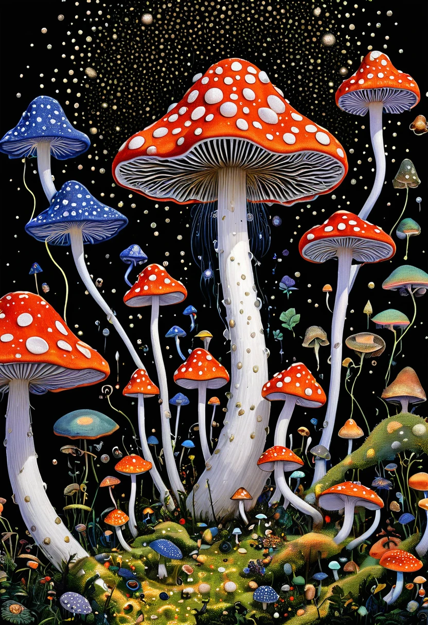 James R. European Aviation Agency ， Georges Seurat Style， masterpiece, ,Poisonous mushrooms，Spore powder，Eye，Psychedelic Art，Pointillism method，Trypophobia，unrealistic，Strong visual impact，black background