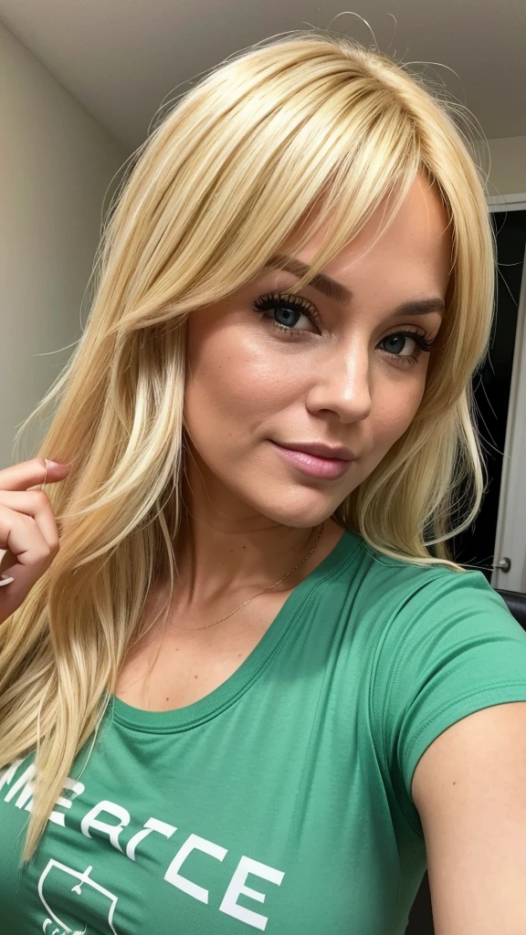 38-year-old plump milf woman with blonde dyed hair and messy hair, poses with her hand on her head, takes a selfie on the phone screen, wears a green t-shirt, casual