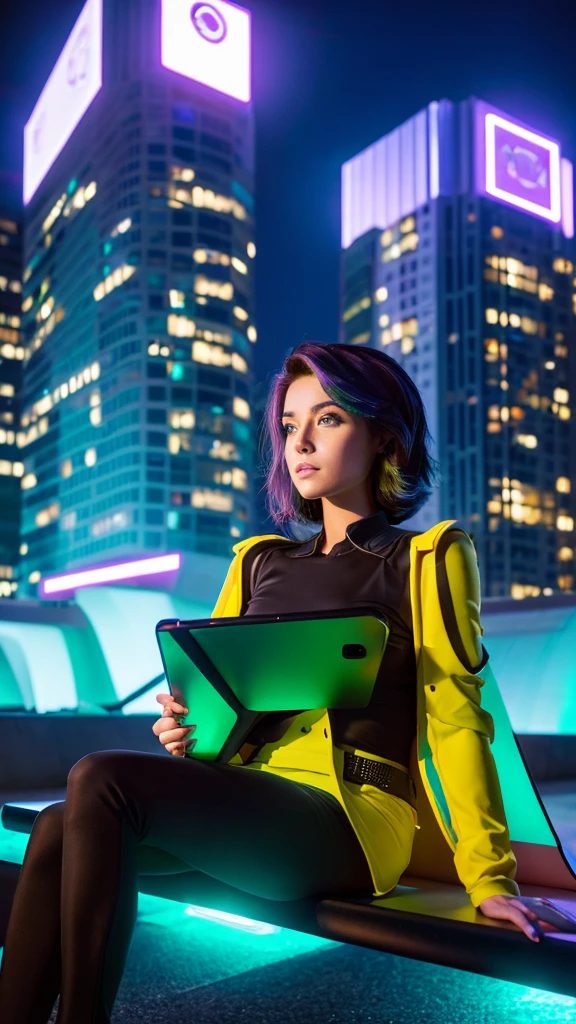 A highly productive woman with a seductive figure is sitting on a bench in a futuristic city park in the year 2050, holding a holographic tablet, with a backdrop of minimalist buildings and neon trees. The camera faces her directly, highlighting her focused expression.