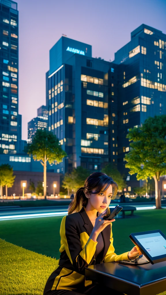 A highly productive woman with a seductive figure is sitting on a bench in a futuristic city park in the year 2050, holding a holographic tablet, with a backdrop of minimalist buildings and neon trees. The camera faces her directly, highlighting her focused expression.
