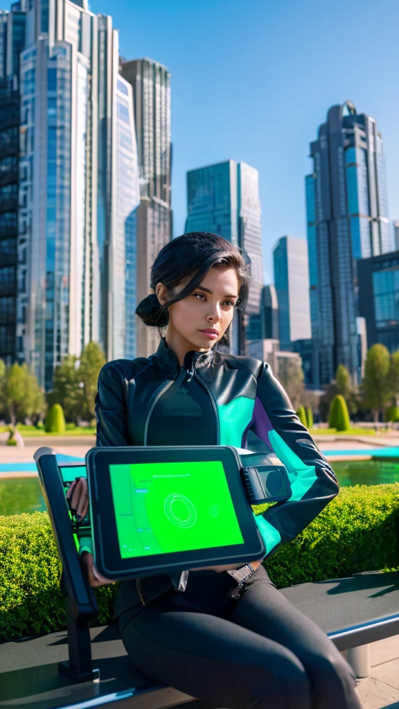 A highly productive woman with a seductive figure is sitting on a bench in a futuristic city park in the year 2050, holding a holographic tablet, with a backdrop of minimalist buildings and neon trees. The camera faces her directly, highlighting her focused expression.