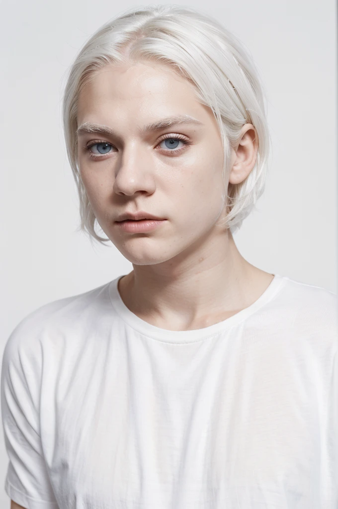 masterpiece, best quality, ((pure white background)), standing, slim albino guy, white hair, white eyelashes, white eyebrows, cold face, fair skin, black t-shirt, sad facial expression, light effect, soft, super clear, high-definition image, (front)