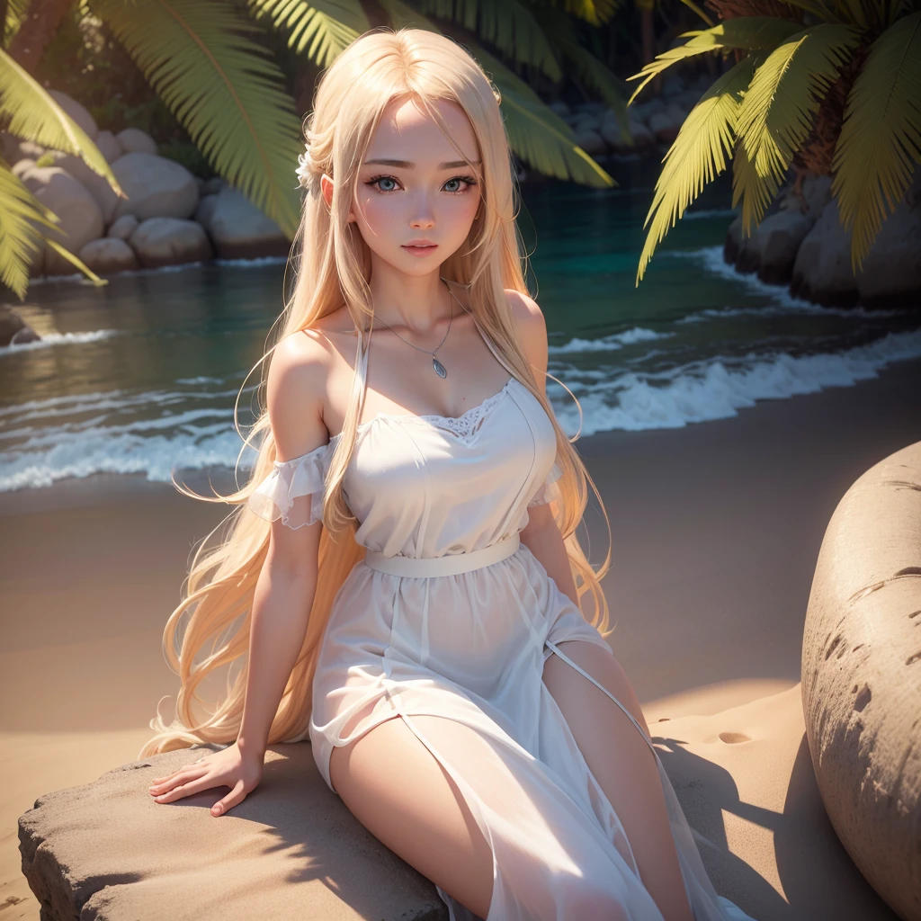 waifu, fictional female person, beautiful loving girl with long blond hair, wearing transparent white dress, waifu dreamy expression, sitting on a beach near the ocean, ocean of palm trees, serene expression, sunlight shining on her face  , detailed facial features, detailed clothing, detailed sand and ocean waves, best quality, 4k, 8k, high resolution, masterpiece: 1.2, ultra detailed, realistic, photorealistic, photo-realistic: 1.37, lighting  studio, bright colors, natural lighting, serene landscape, peaceful atmosphere.