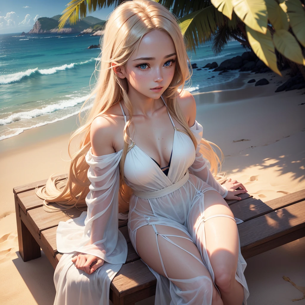 waifu, fictional female person, beautiful loving girl with long blond hair, wearing transparent white dress, waifu dreamy expression, sitting on a beach near the ocean, ocean of palm trees, serene expression, sunlight shining on her face  , detailed facial features, detailed clothing, detailed sand and ocean waves, best quality, 4k, 8k, high resolution, masterpiece: 1.2, ultra detailed, realistic, photorealistic, photo-realistic: 1.37, lighting  studio, bright colors, natural lighting, serene landscape, peaceful atmosphere.