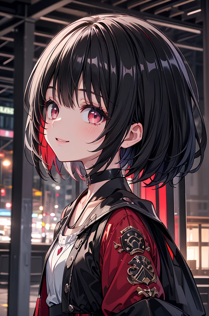 (masterpiece, highest quality, highest quality, (No text), Beautiful and aesthetic:1.2),No text,アニメ、BREAK,One Girl,Black Hair Girl short hair older sister choker Tree Eyes Beautiful eyes Red eyes cool smile Red and Black Black jacket mini skirt whole body In town