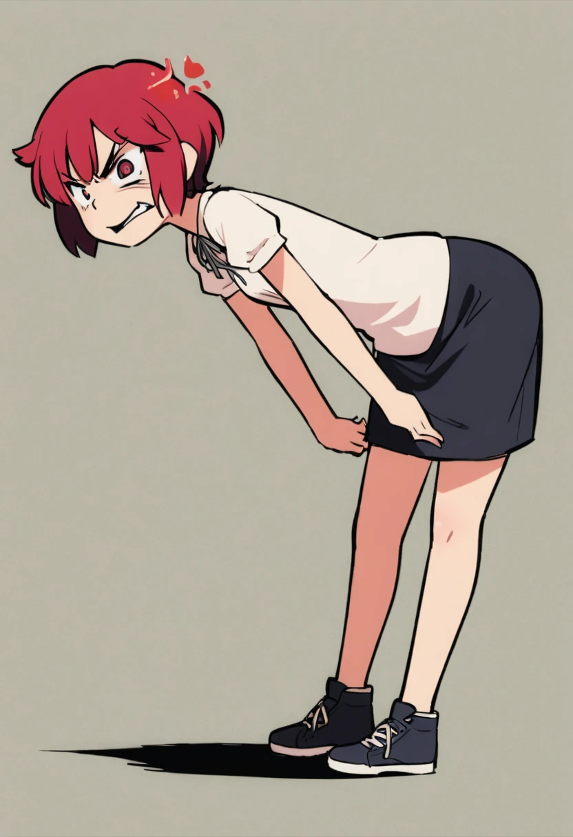 Woman with short hair leaning forward with angry face with full body view