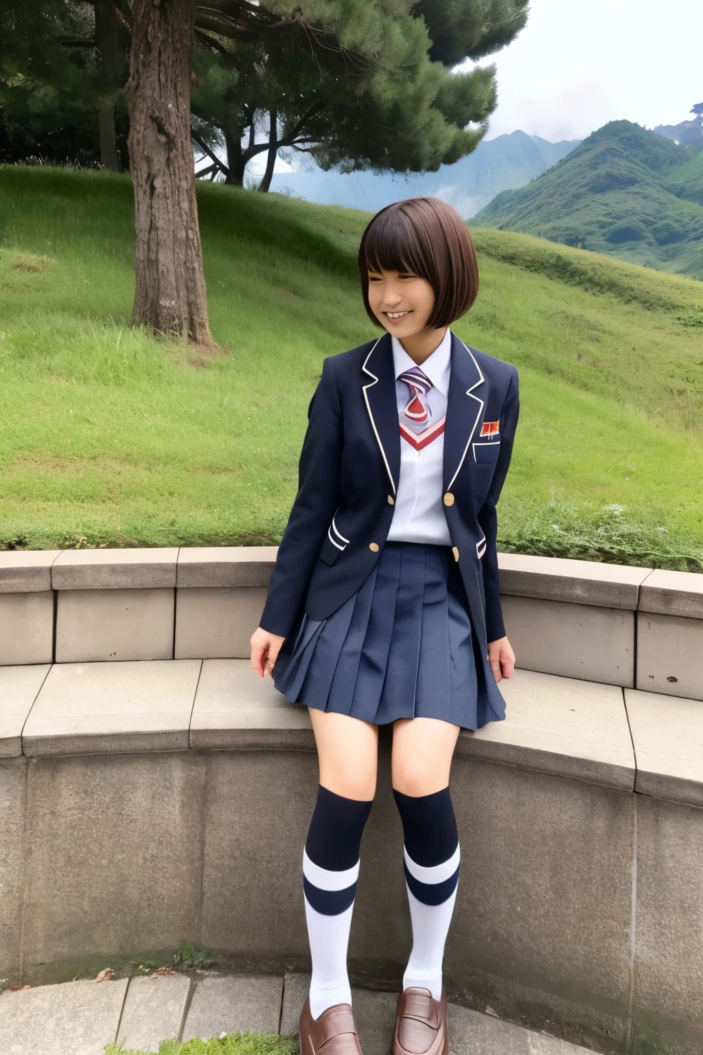 high school girl、Japanese、Brown Bob、slender、uniform、skirt、Knee-high socks、loafers、Volcanic crater、sit、Thighs