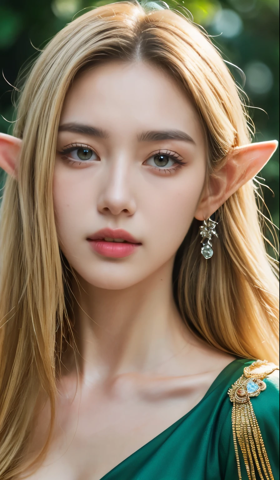 elf woman in a green dress, 1girl, white skin, diamond face shape, Hot topics on artstation, Fantasyart, portrait of an elf queen, Belle peinture de personnage, Stunning character art, Epic and beautiful character art, blond-haired princess, medieval princess, fairy queen, fantasy art style, cinematic lighting, masterpiece, accurate, anatomically correct, textured skin, super detail, high details, highres, 8k