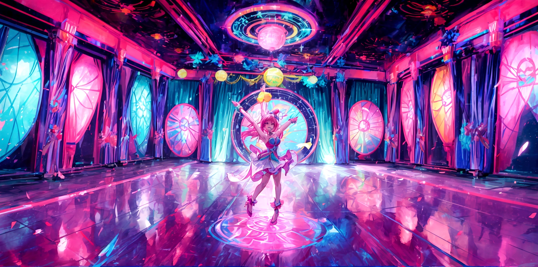 A vibrant and colorful anime-style dance floor scene. The background features bright neon lights and a lively atmosphere. The setting includes shining disco balls and colorful lights painting the floor, creating a sense of celebration and happiness. The scene captures the essence of a joyful and upbeat dance party, with a magical and festive environment. The dance floor is illuminated with bright colors, creating a dreamlike and energetic vibe.