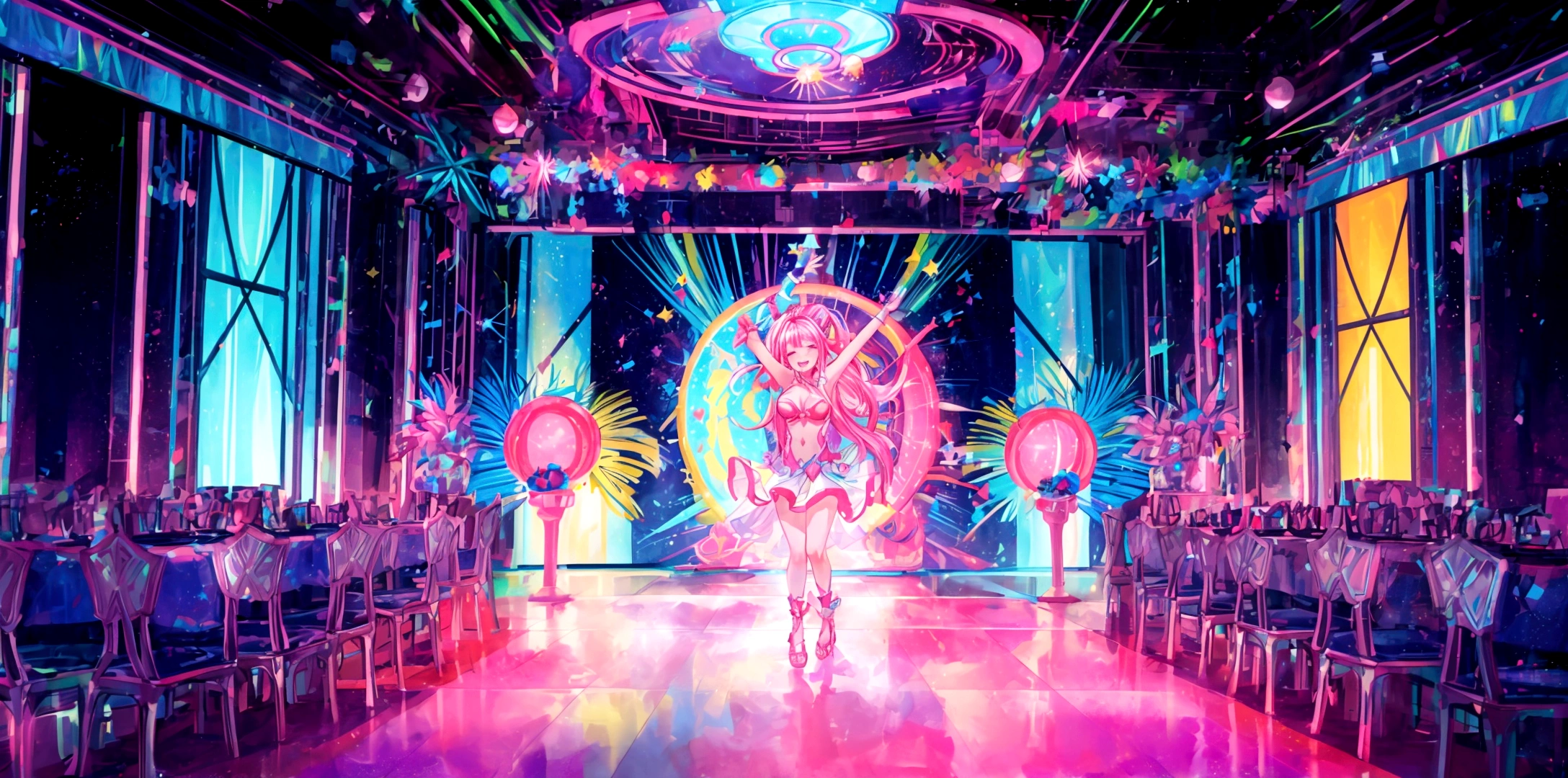 A vibrant and colorful anime-style dance floor scene. The background features bright neon lights and a lively atmosphere. The setting includes shining disco balls and colorful lights painting the floor, creating a sense of celebration and happiness. The scene captures the essence of a joyful and upbeat dance party, with a magical and festive environment. The dance floor is illuminated with bright colors, creating a dreamlike and energetic vibe.