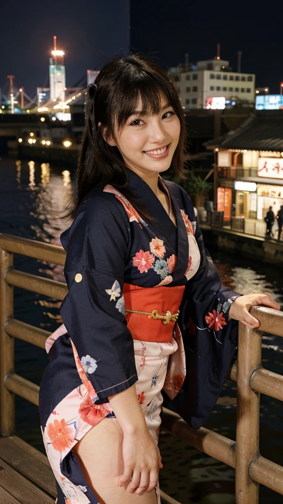 osaka city reference, city street with a river and a bridge at night and cruiser ship at middle of river, japanese city at night, japanese neon signs, japan at night, japanese city, glowing light, Bird eye view: A woman looking at the river、yukata、young woman、Japanese、cute、Laughing with mouth open、Bright expression、Cute yukata outfit、パンティを見せている、