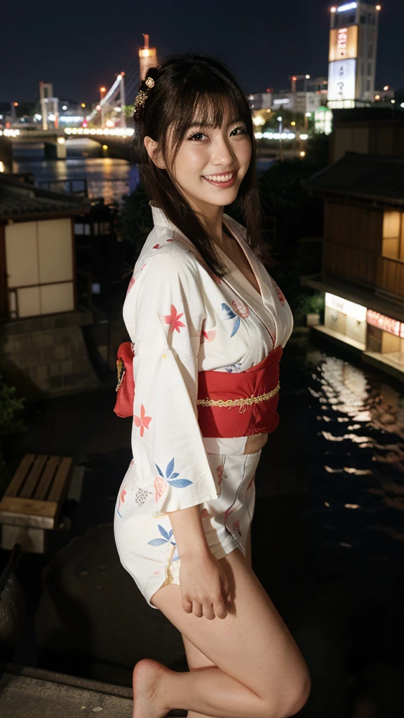 osaka city reference, city street with a river and a bridge at night and cruiser ship at middle of river, japanese city at night, japanese neon signs, japan at night, japanese city, glowing light, Bird eye view: A woman looking at the river、yukata、young woman、Japanese、cute、Laughing with mouth open、Bright expression、Cute yukata outfit、パンティを見せている、