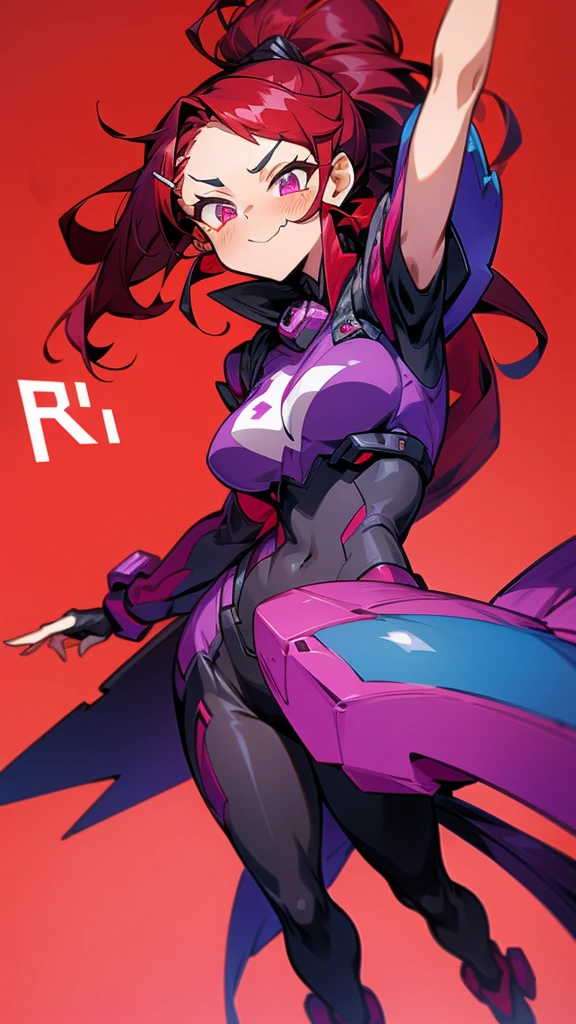 high tail hairstyle, Ponytail hairstyle, Long wavy black hair, standing posing, anime girl style, pixel art anime style,penetrating look with deep eyes,red and purple eyes, hair with a ponytail hairstyle trapped with a big red bun, Women, red hair clips, x color shaped hair clips , smiling face blush, 