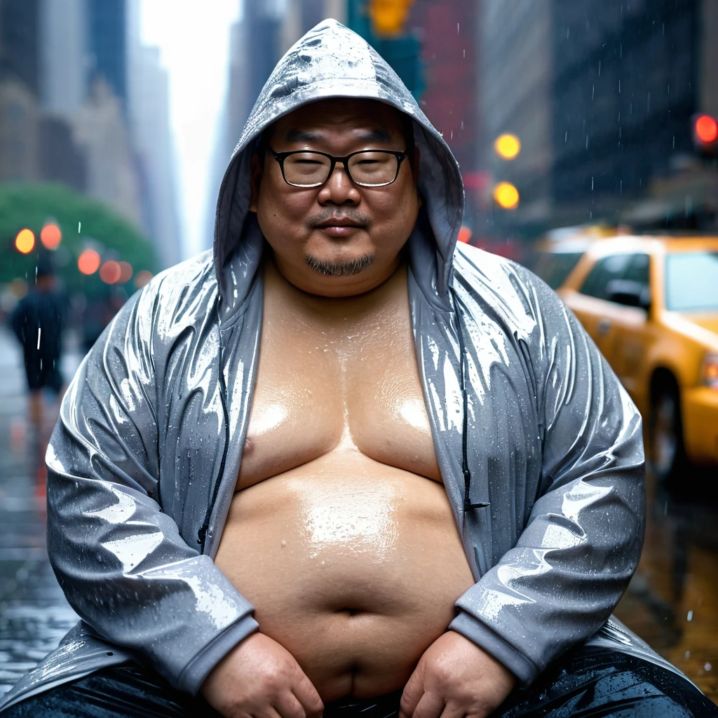 Professional photo, sharp 4K, beautiful light, Man 50 years old, Fat man, Chubby man, Asian, wearing eye glasses, no shirt, wearing a rain hoody coat, Show belly, wet from the rain, sitting , in New York City.