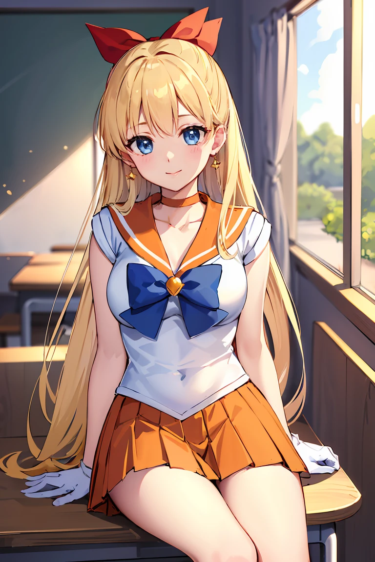 masterpiece, Highest quality, High resolution, Venus 1, One girl, alone, Sailor Warrior Uniforms, Sailor Venus, aino minako, Blonde, Magical girl, blue eyes, Orange Skirt, Elbow hand pockets, tiara, Pleated skirt, Hair Ribbon, Orange sailor collar, mini skirt, choker, Red Bow, orange choker, White gloves, Very long hair, jewelry, Earrings, Sitting, Crossing your legs,The background is a school classroom,smile、