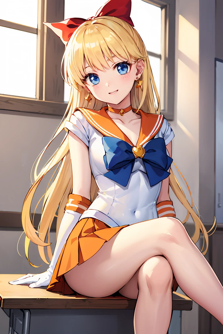 masterpiece, Highest quality, High resolution, Venus 1, One girl, alone, Sailor Warrior Uniforms, Sailor Venus, aino minako, Blonde, Magical girl, blue eyes, Orange Skirt, Elbow hand pockets, tiara, Pleated skirt, Hair Ribbon, Orange sailor collar, mini skirt, choker, Red Bow, orange choker, White gloves, Very long hair, jewelry, Earrings, Sitting, Crossing your legs,The background is a school classroom,smile、