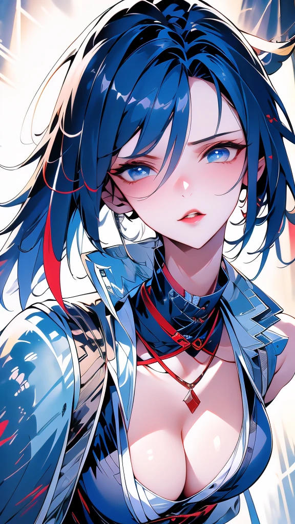 Masterpiece, Best quality, 1 Ji Ruxue, the expression is cold, strong, blue eyes, short hair, wolfcut hairstyle, smoky mix blue color hair, resolute eyes, red lips, simple Taoist Taoist uniform, Chinese mix morden, frontal photo, black or white background, simple background, アニメ, illustration, Chinese style short-sleeved shirt, cool girl, Ji Ru Xue, Fullbody, blank background , full HD