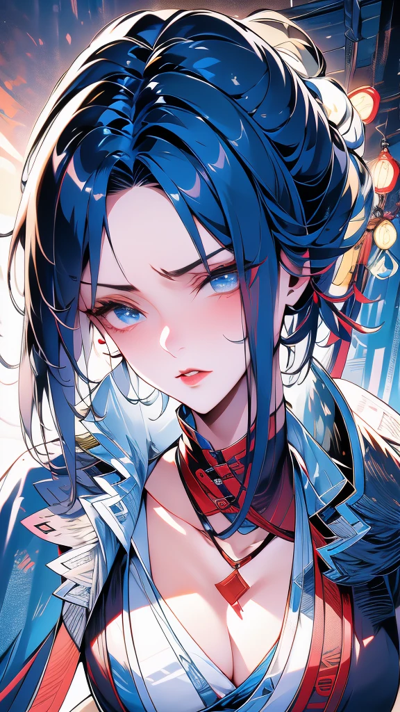 Masterpiece, Best quality, 1 Ji Ruxue, the expression is cold, strong, blue eyes, short hair, wolfcut hairstyle, smoky mix blue color hair, resolute eyes, red lips, simple Taoist Taoist uniform, Chinese mix morden, frontal photo, black or white background, simple background, アニメ, illustration, Chinese style short-sleeved shirt, cool girl, Ji Ru Xue, Fullbody, blank background , full HD