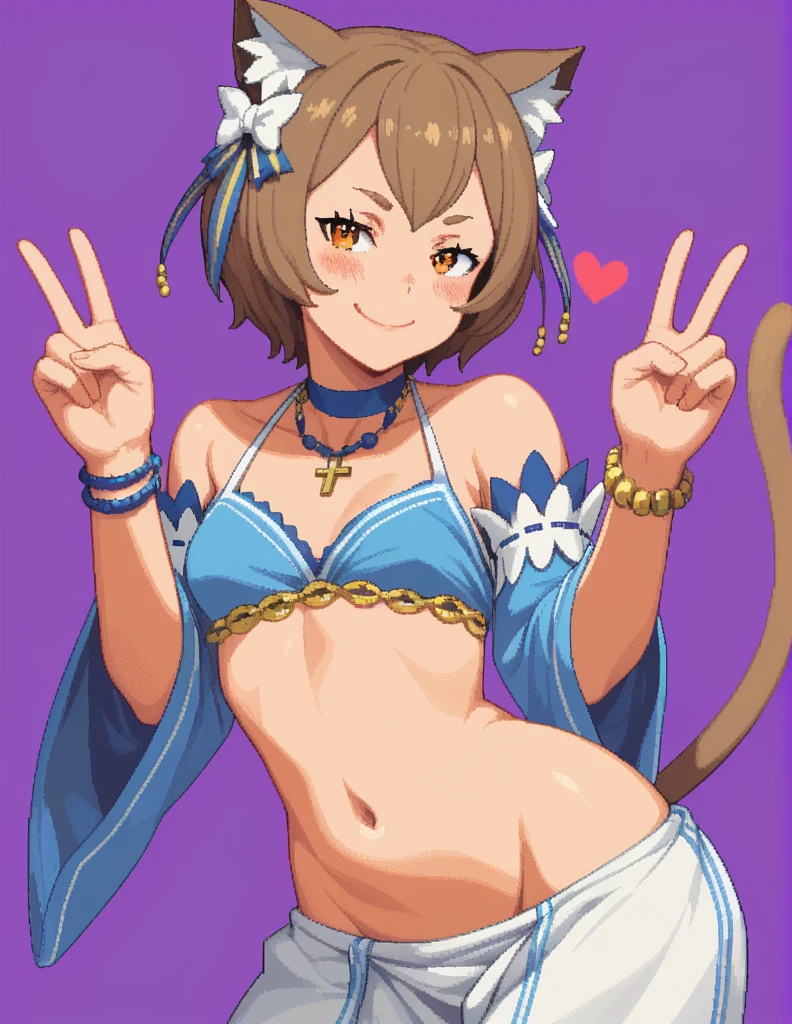 score_9, score_8_up, score_7_up, rating_safe, 1girl, solo, Pixel_Art, Re:Zero, Felix Argyle, orange eyes, brown hair, short hair, side bangs, no breats, revealing clothing, harem outfit, collarbone, backless, cross halter, necklace, loose sleeves, bracelet, bare shoulders, navel , hip vent, harem pants, cowboy shot, v, raise hand, look at viewer, simple background, purple background, heart background, blush, naughty face, smile, half-closed eyes, nude, ecchi, turn your back, big butt, hentai, porn, very hot, shows us her butt, cat ear, cat tail