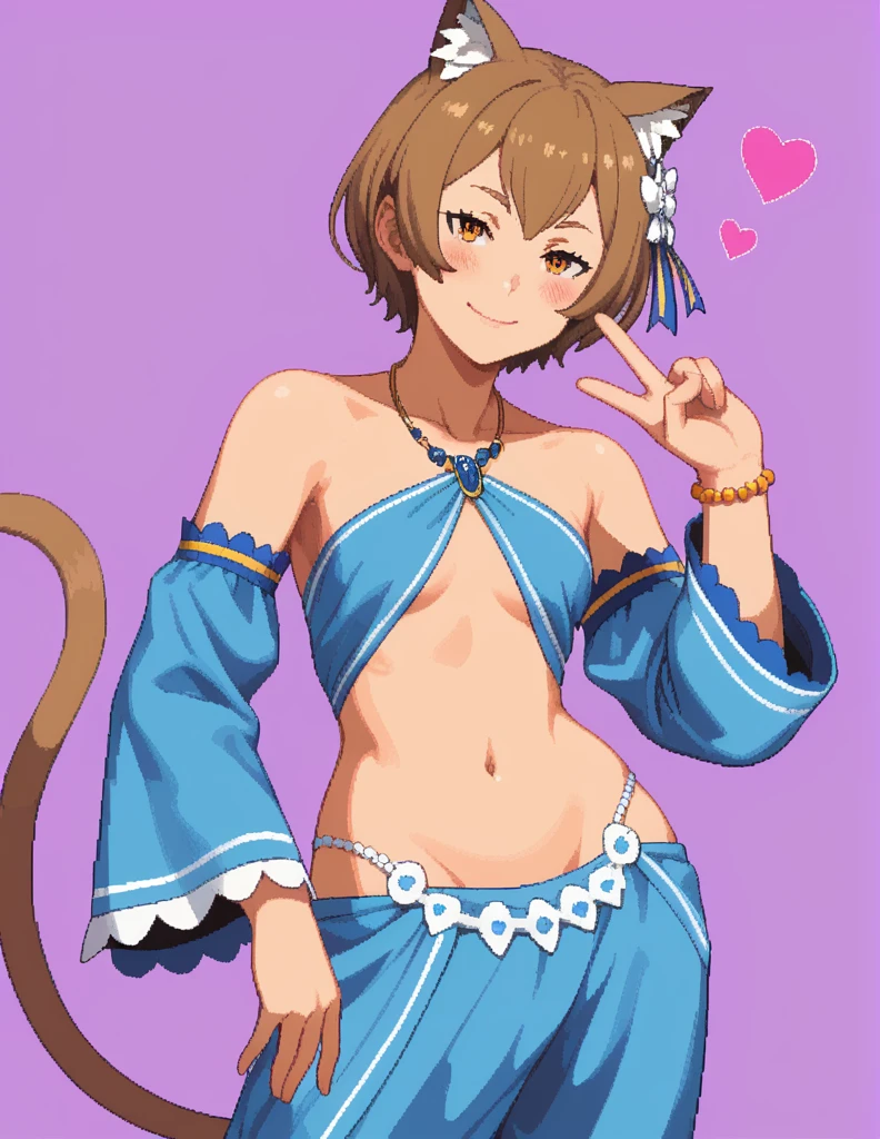 score_9, score_8_up, score_7_up, rating_safe, 1girl, solo, Pixel_Art, Re:Zero, Felix Argyle, orange eyes, brown hair, short hair, side bangs, no breats, revealing clothing, harem outfit, collarbone, backless, cross halter, necklace, loose sleeves, bracelet, bare shoulders, navel , hip vent, harem pants, cowboy shot, v, raise hand, look at viewer, simple background, purple background, heart background, blush, naughty face, smile, half-closed eyes, nude, ecchi, turn your back, big butt, hentai, porn, very hot, shows us her butt, cat ear, cat tail