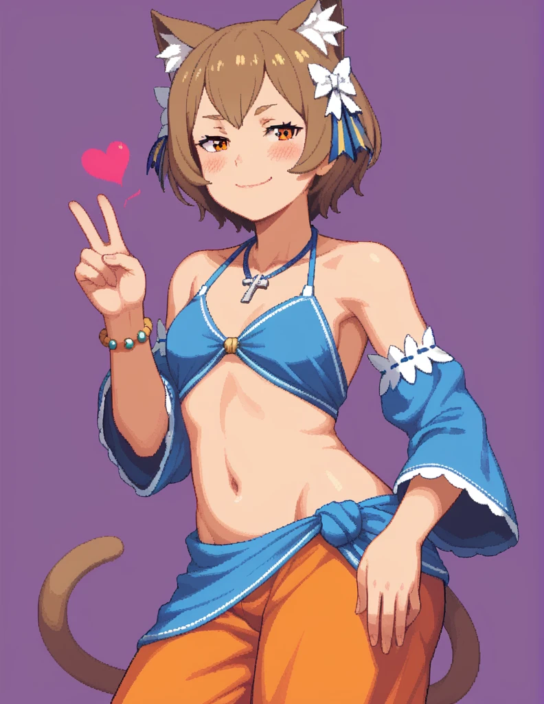 score_9, score_8_up, score_7_up, rating_safe, 1girl, solo, Pixel_Art, Re:Zero, Felix Argyle, orange eyes, brown hair, short hair, side bangs, no breats, revealing clothing, harem outfit, collarbone, backless, cross halter, necklace, loose sleeves, bracelet, bare shoulders, navel , hip vent, harem pants, cowboy shot, v, raise hand, look at viewer, simple background, purple background, heart background, blush, naughty face, smile, half-closed eyes, nude, ecchi, turn your back, big butt, hentai, porn, very hot, shows us her butt, cat ear, cat tail