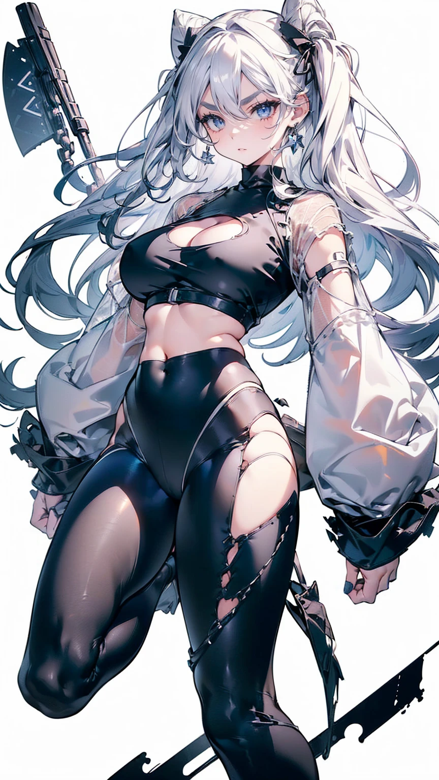 (White Hair Girl), (Thick, dark blue eyebrows:1.4), (Dark blue eyebrows:1.7), (Thick eyebrows:1.3), (Huge black fluffy animal ears:1.1), (Black animal ears:1.1), BREAK, (((Mesh Stitching Crop T-Shirt, Cutout Long Sleeve Top))),BREAK, (Big Breasts:1.2, Thick legs, Adult female body, Sturdy body:1.2), ((full body:1.7, Contrapposto:1.5)), (sharp eyes, Ultra-high definition CG, Precisely designed costumes, 4K, 8K, Ultra-high definition CG, Precisely designed costumes, Clear lines, Expressive and Captivating Eyes, Fine Details and Realistic Textures, cinematic lighting), ((white background)), BREAK, (Wearing black leggings with holes), Skinny sleeves, (Torn and holey leggings:1.2)(Black leggings:1.4), (過剰なRuggedThick soleブーツを履いています:1.2), (Thick sole:1.5), (Big shoes:1.3), ((Beam SE, embarrassed))　