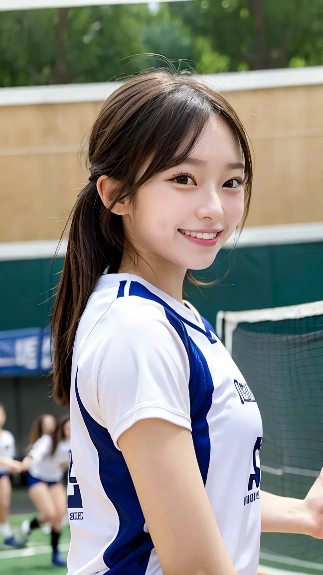 masterpiece, best quality, 1girl, high-fiving teammates, volleyball court, team uniform, happy expression, energetic, detailed scene