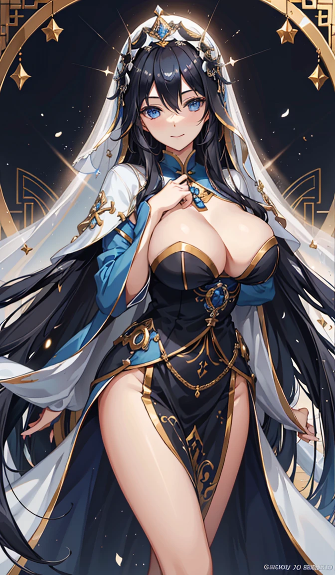 Blue Chinese Dress. Shiny long black hair, A benevolent smile, 30 year old nun.(White Veil),Gold cross around neck, Dark blue eyes,, Shapely large breasts , Beautiful breasts,