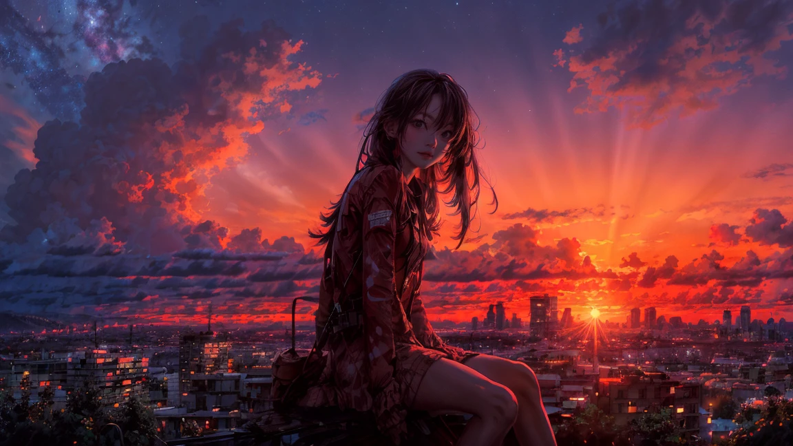 outdoor, high sky, many cloud, red sunset, summer, rain, sky, scenery, sunset sky, night, 1girl, solo, outdoors, building, cloud, milky way, sitting, tree, long hair, city, silhouette, cityscape