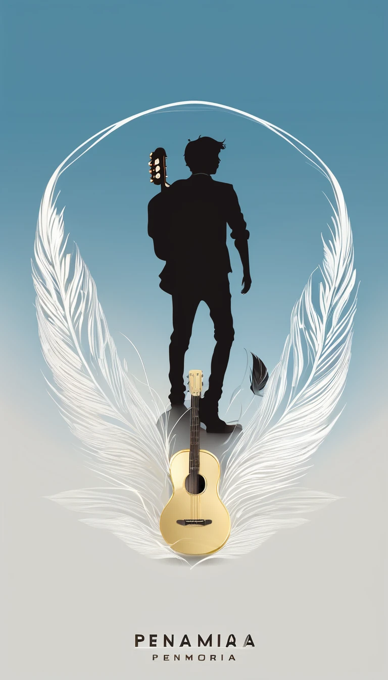 A minimal, modern, simple, cinematic logo design for the brand “Penamemoria". The logo design must be a simple, silhouette of a boy, standing up, playing acoustic guitar and fantasy feather by his side. The logo must convey a sense of music, stories, memories and dreams. Logo design impressed on a book cover. Minimalistic logo. Sky blue, white and golden as colors for the logo design