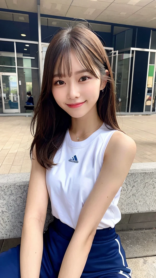 best quality, 1 beautiful woman, sitting on bench, holding water bottle, athletic outfit, tired but smiling, indoor gym, detailed background
