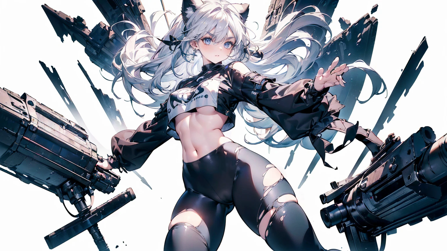 (White Hair Girl), (Thick, dark blue eyebrows:1.4), (Dark blue eyebrows:1.7), (Thick eyebrows:1.3), (Huge black fluffy animal ears:1.1), (Black animal ears:1.1), BREAK, (((Mesh Stitching Crop T-Shirt, Cutout Long Sleeve Top))),BREAK, (Big Breasts:1.2, Thick legs, Adult female body, Sturdy body:1.2), ((full body:1.7, Contrapposto:1.5)), (sharp eyes, Ultra-high definition CG, Precisely designed costumes, 4K, 8K, Ultra-high definition CG, Precisely designed costumes, Clear lines, Expressive and Captivating Eyes, Fine Details and Realistic Textures, cinematic lighting), ((white background)), BREAK, (Wearing black leggings with holes), Skinny sleeves, (Torn and holey leggings:1.2)(Black leggings:1.4), (過剰なRuggedThick soleブーツを履いています:1.2), (Thick sole:1.5), (Big shoes:1.3), ((Beam SE, embarrassed))