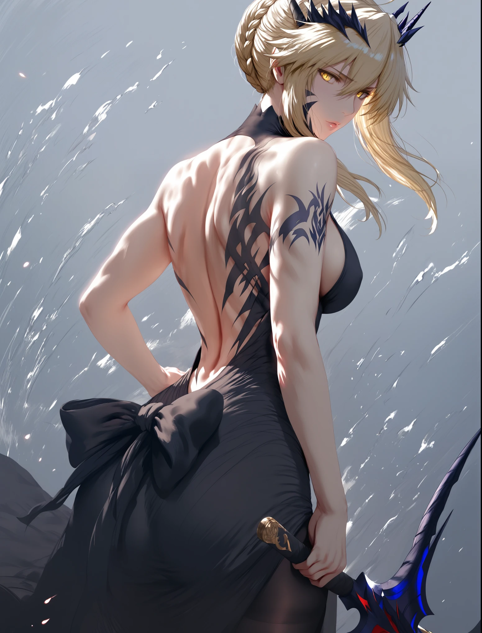Hews art style, score_9, score_8_up, score_7_up, score_6_up, uncensored, artoria pendragon (lancer alter) (fate), sillver hair, braid, tiara, yellow eyes, BREAK (masterpiece:1.2), best quality, high resolution, (detailed eyes:1.3), perfect lighting, (perfect hands, perfect anatomy), large breast, rating:safe, 1girl, solo, bow_(weapon), muscle, weapon, back, breasts, tattoo, muscular_female, from_behind, looking_back, quiver, expressionless, hollow eyes, 