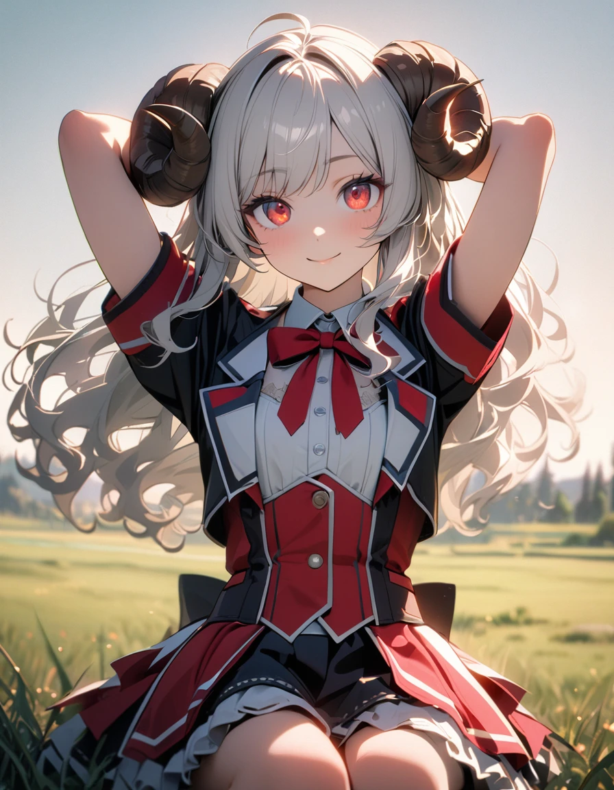 (8K, best quality, master piece: 1.2), super high resolution,1 girl,solo,16yo,ultra-detailed face,detailed eyes,Sheep’s horns attached to the head,Long hair,silverhair,wavy hair,mascara,plaid pattern short sleeve bourdeax idol costume,Standing,arms behind head,smile,red eyes,sitting,Cowboy Shot,rim light,outdoors Grassland