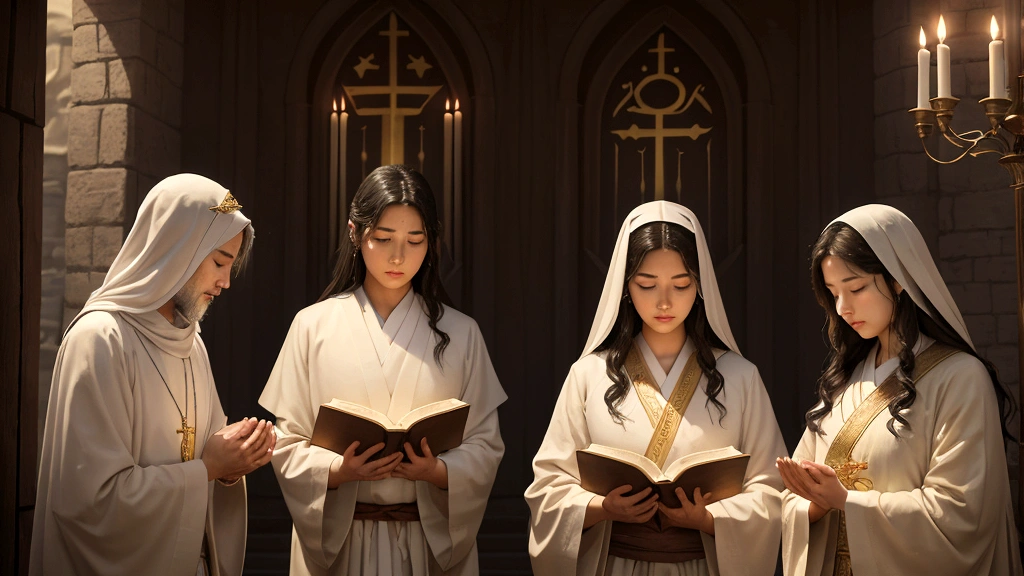 "Description: Illustrate a scene of individuals and communities reflecting on the biblical teachings of the afterlife. Show diverse characters immersed in study, prayer, and contemplation of scriptures that reveal secrets of eternal life, resurrection, and divine justice. Capture the depth and impact of these teachings on their spiritual journeys.
Details: Use warm, soft lighting and serene colors to create a peaceful and introspective atmosphere. Include elements such as open Bibles, scrolls, and sacred texts adorned with symbols of eternity, resurrection, and divine mercy. Show expressions of reverence, concentration, and spiritual enlightenment on the faces of those engaged in reflection, symbolizing their deep connection to these foundational teachings."