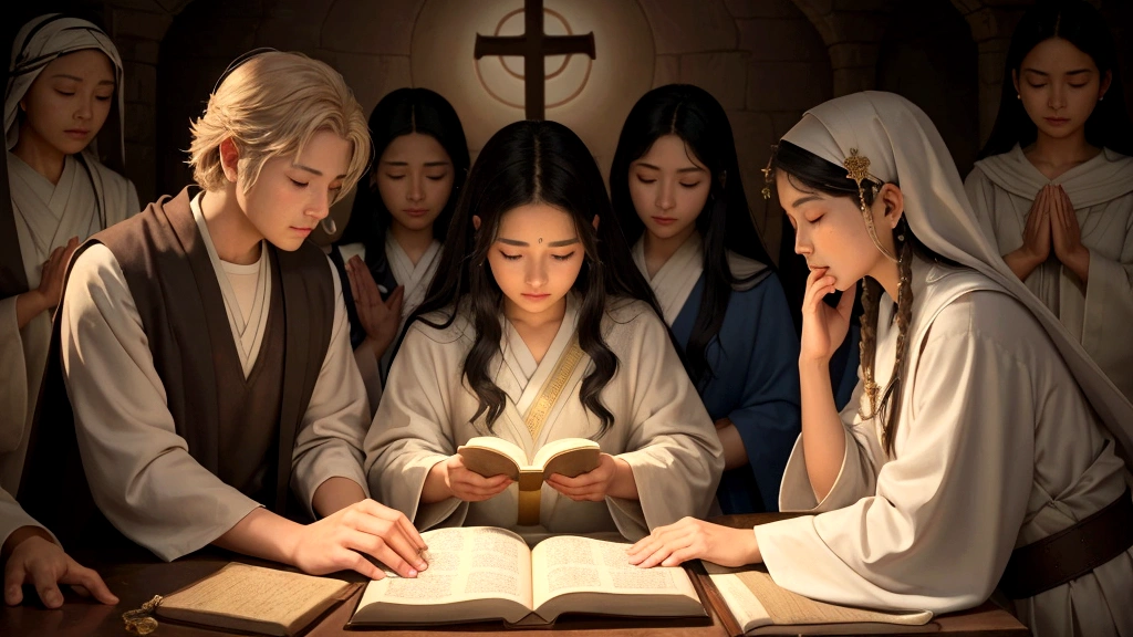 "Description: Illustrate a scene of individuals and communities reflecting on the biblical teachings of the afterlife. Show diverse characters immersed in study, prayer, and contemplation of scriptures that reveal secrets of eternal life, resurrection, and divine justice. Capture the depth and impact of these teachings on their spiritual journeys.

Details: Use warm, soft lighting and serene colors to create a peaceful and introspective atmosphere. Include elements such as open Bibles, scrolls, and sacred texts adorned with symbols of eternity, resurrection, and divine mercy. Show expressions of reverence, concentration, and spiritual enlightenment on the faces of those engaged in reflection, symbolizing their deep connection to these foundational teachings."