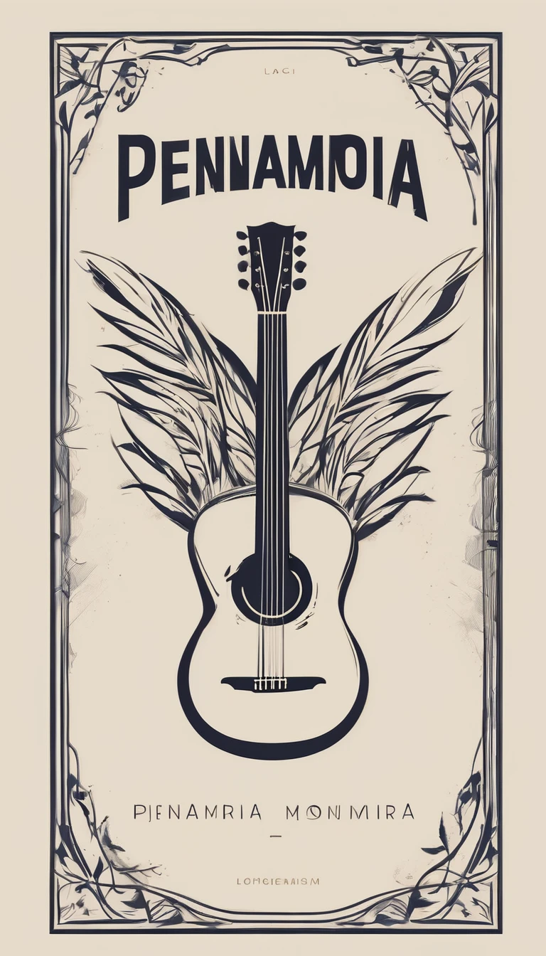 A minimal, modern, simple, cinematic logotype for the brand “Penamemoria". The logotype must be a simple, magical feather and a boy playing acoustic guitar. The logo must convey a sense of music, stories and dreams. Logo design impressed on a book cover. Minimalistic logo