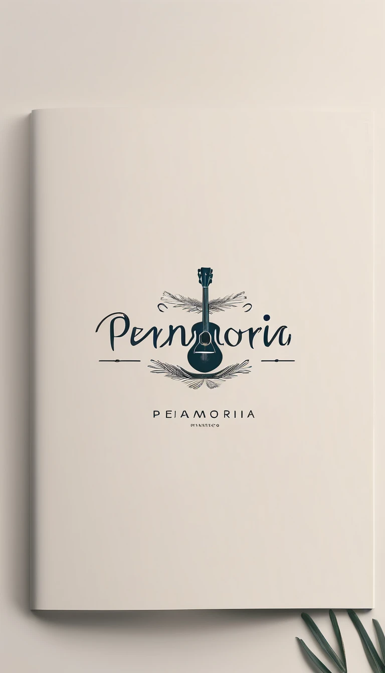 A minimal, modern, simple, cinematic logotype for the brand “Penamemoria". The logotype must be a simple, magical feather and a boy playing acoustic guitar. The logo must convey a sense of music, stories and dreams. Logo design impressed on a book cover. Minimalistic logo