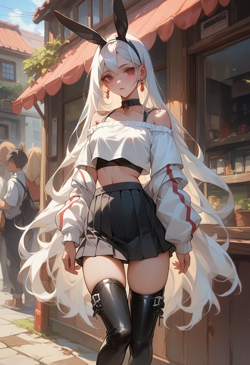 32k、Complex、Very detailed、whole body、Black semi-long hair、Wear a white off-the-shoulder cropped top、Wear a black pleated mini skirt、Wear black short boots、Jump、Town、A female android with a rabbit motif