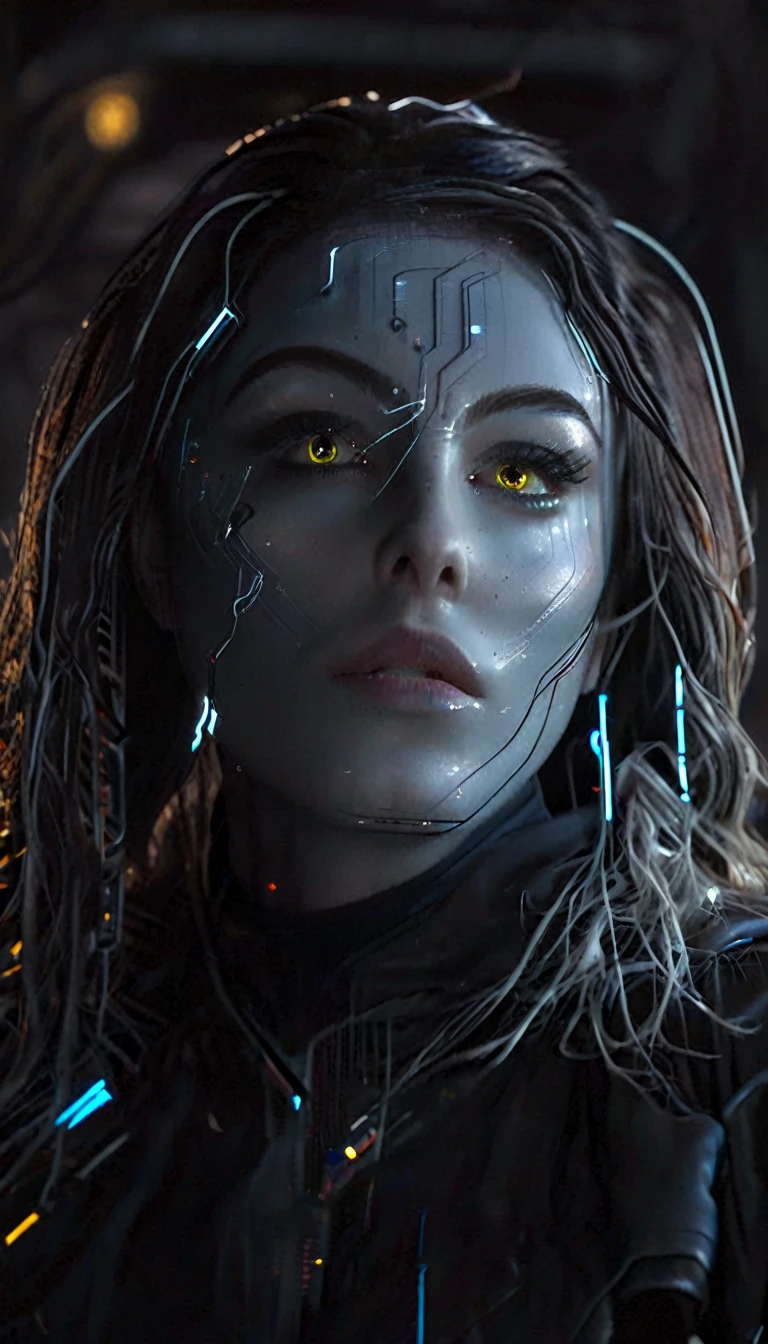 battle damage , missing arm ,bright yellow eyes, ultra-detailed,vibrant colors,sci-fi,portrait,dramatic lighting,detailed facial features,dark background,long hair,glowing eyes,futuristic clothing,expressionless face,metallic texture,bright highlights,high contrast,radiant colors,artificial intelligence theme,sharp focus,technological elements,shadows and highlights,ethereal glow,neon lights,stormy atmosphere,otherworldly setting,unconventional composition,sharp lines,sleek design,mysterious atmosphere,unearthly beauty,digital enhancements,advanced technology,glowing circuitry,abstract background,ominous presence,subtle reflections,energetic pose,unique perspective,foreshortening effect,symmetrical composition,imposing presence,dynamic energy,striking visual impact,translucent overlays,organic and mechanical fusion.