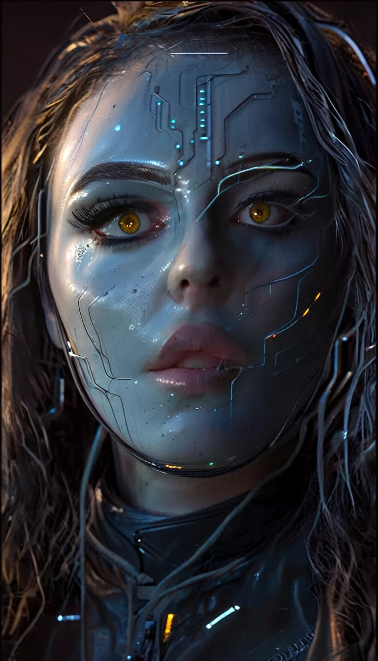 battle damage , missing arm ,bright yellow eyes, ultra-detailed,vibrant colors,sci-fi,portrait,dramatic lighting,detailed facial features,dark background,long hair,glowing eyes,futuristic clothing,expressionless face,metallic texture,bright highlights,high contrast,radiant colors,artificial intelligence theme,sharp focus,technological elements,shadows and highlights,ethereal glow,neon lights,stormy atmosphere,otherworldly setting,unconventional composition,sharp lines,sleek design,mysterious atmosphere,unearthly beauty,digital enhancements,advanced technology,glowing circuitry,abstract background,ominous presence,subtle reflections,energetic pose,unique perspective,foreshortening effect,symmetrical composition,imposing presence,dynamic energy,striking visual impact,translucent overlays,organic and mechanical fusion.