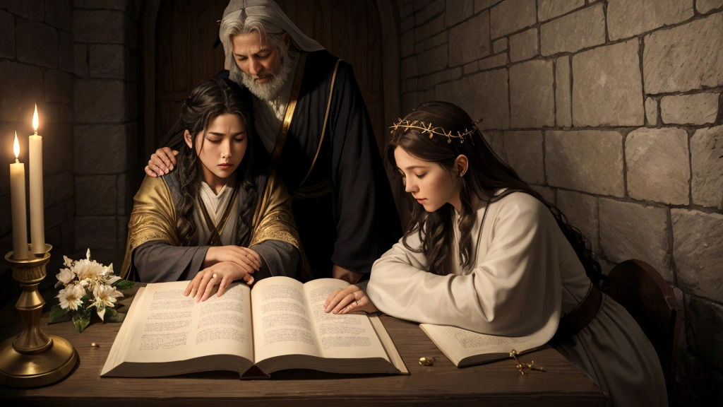 "Description: Create a scene illustrating how biblical teachings of the afterlife serve as a foundation for the spiritual journey of believers. Show individuals and families drawing strength and guidance from the promise of eternal life, the hope of resurrection, and the assurance of God's justice and mercy during various life challenges.

Details: Use a narrative approach to depict different life scenarios where biblical teachings provide comfort and guidance. Include symbols of faith such as crosses, angels, and heavenly light illuminating scenes of sorrow, uncertainty, and doubt. Show expressions of faith, perseverance, and inner peace on the faces of believers, reflecting their reliance on these teachings in navigating life's trials."