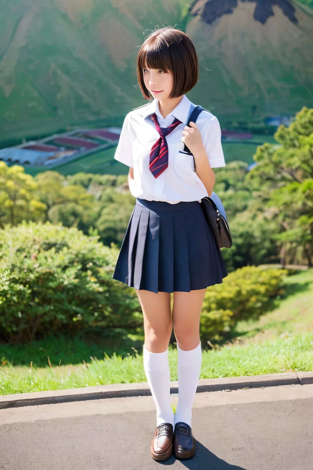 high school girl、Japanese、Brown Bob、slender、uniform、skirt、Knee-high socks、loafers、Volcanic crater、sit、Thighs