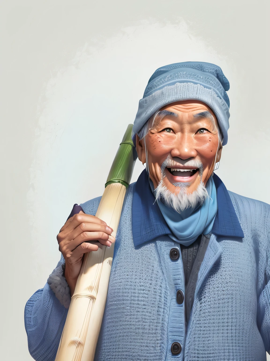 An old grandfather，Asian，Farmers，kindly，(((Laugh out loud)))，(((smiling eyes)))，Eyes narrowed with smile，A few teeth，White beard，Wrinkled face coat，Gray-blue T-shirt，((Gray blue knitted hat))，
Carrying a bamboo pole，The best picture quality of working people&#39;s hands，Award-winning work Hayao Miyazaki manga，Minimalist illustration，cute cartoon，Warm picture，Healing illustrations