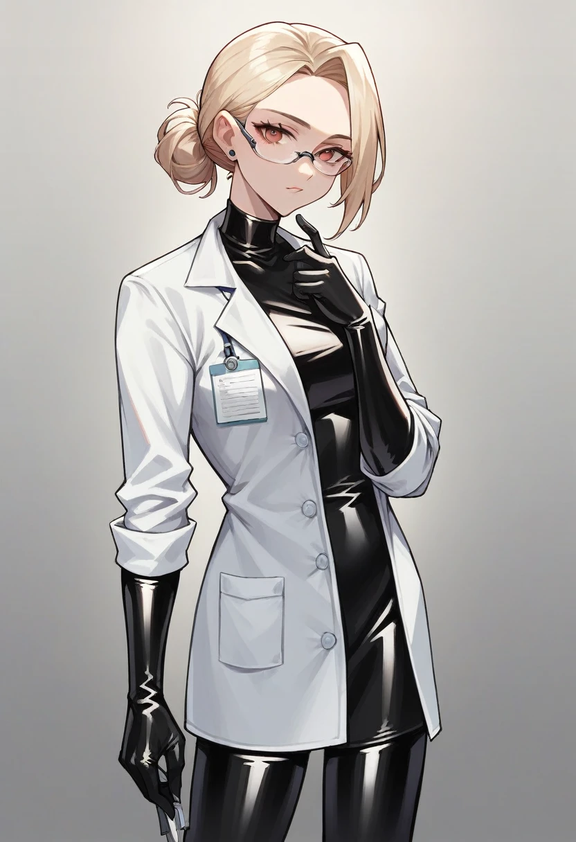 1girl, light hair, ((black elbow gloves)), ((surgical gloves)), ((latex gloves)), ((long sleeves)) ((black surgeon outfit)), looking at viewer, ((doctor)), standing, solo