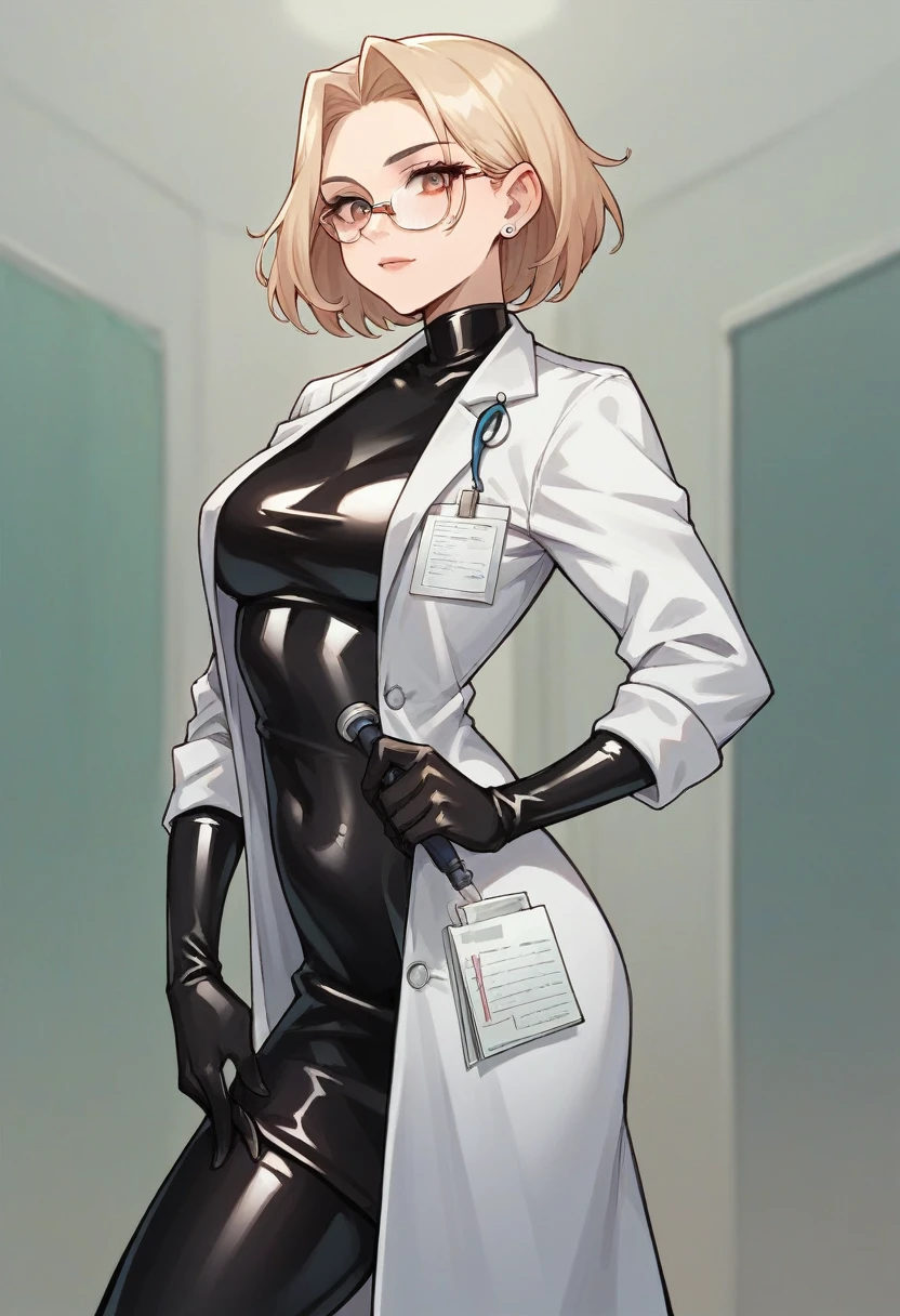 1girl, light hair, ((black elbow gloves)), ((surgical gloves)), ((latex gloves)), ((long sleeves)) ((black surgeon outfit)), looking at viewer, ((doctor)), standing, solo