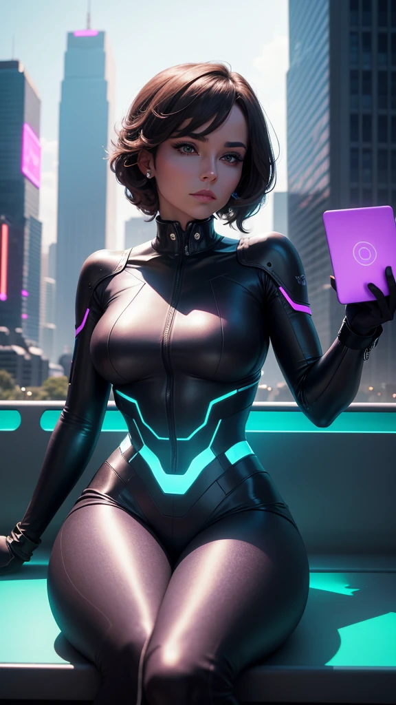 A highly productive woman with a seductive figure is sitting on a bench in a futuristic city park in the year 2050, holding a holographic tablet, with a backdrop of minimalist buildings and neon trees. The camera faces her directly, highlighting her focused expression.